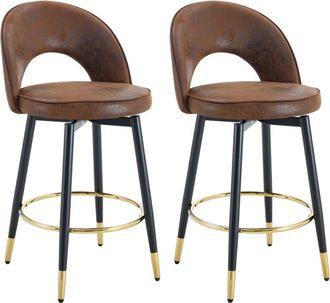 Urban Meuble Juego de 2 taburetes de bar giratorios en tela marr&oacute;n y metal negro