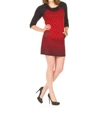 Papillon Geometric Ombre Print Cowl Neck Leather Trim Pocket Dress In Red