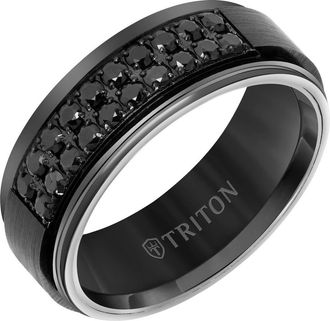 Triton 8MM Black Tungsten Carbide Ring with Double Row of Black Sapphires and Step Edge at Nordstrom, Size 12.5