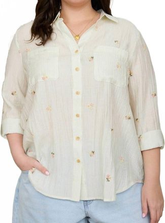 Blu Pepper Stripe Floral Embroidery Long Sleeve Top - Plus In Light Olive