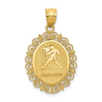 Diamond2Deal 14k Yellow Gold Solid Satin Polished Aquarius Zodiac Oval Pendant