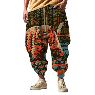 Generic Mens Animal Print Harem Pants, Artistic Graphic Joggers with Drawstring, Mens Loose Fit Printed Lounge Trousers, Unique 3D Bear Print Pants, Eye-Catch