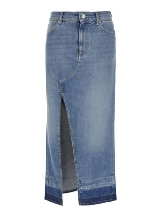 Pinko Blue Skirt With Split On The Front And Logo Patch On The Back In Denim Woman