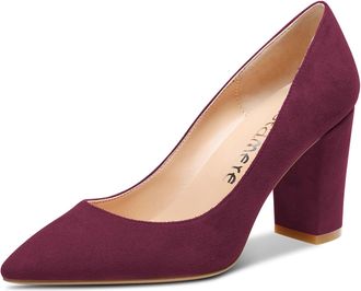 Castamere Womens Mid Chunky Block Heel Pointed Toe Slip-on Office Pumps Court Shoe Wedding Dress Cute Classic Shoes 8CM Heels Burgundy Wine Red Suede 10 UK