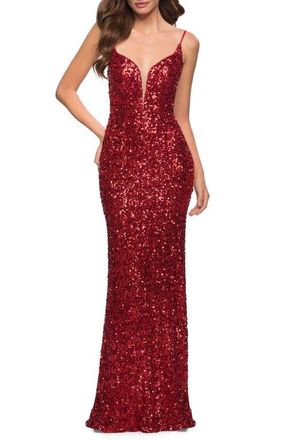 La Femme Gorgeous Sequin Dress with V Neck and Open Back in Red at Nordstrom, Size 14