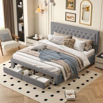 OEM Estructura De Cama 160x200 Cm De Terciopelo Gris - Cofre Hidr&aacute;ulico + 2 Cajones, Somier De Lamas, Cabecero