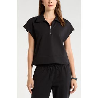 Zella Tempo Terry Half Zip Short Sleeve Sweatshirt in Black at Nordstrom, Size X-Small