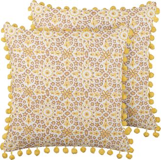 Beliani Conjunto De 2 Cojines De Algod&oacute;n Amarillo Blanco Marr&oacute;n 45 X 45 Cm Floral Lycrois
