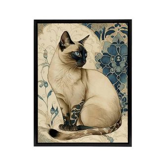 Artery8 Siamese Cat Floral Art Nouveau Framed Canvas Wall Art Print | Size: W24 x H32