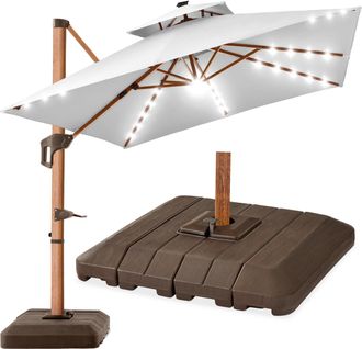 Best Choice Products 10ft Square Woodgrain Pattern 2-Tier Outdoor Solar LED Cantilever Umbrella w/ Base