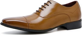 Generic Dress Oxford Shoes for Men Lace Up Square Burnished Toe Cap Toe Leather Low Top Anti-Slip Rubber Sole Slip Resistant Party(8.5 UK) Light Brown