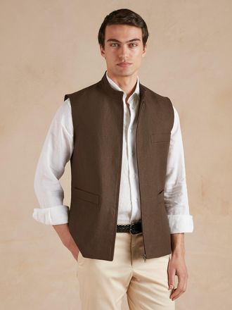 Oliver Brown Linen Gilet with Zip - Dark Brown