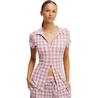 Cotton On Womens Dreamy Soft Button Up Fitted Polo in Isla Micro Check Pink Kiss at Nordstrom, Size Xx-Small