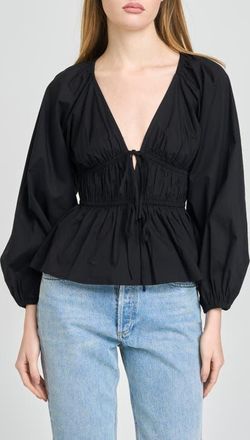 Wayf Jess Drawstring Stretch Cotton Poplin Top in Black at Nordstrom, Size X-Small