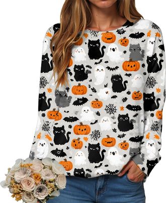 Generic Halloween Jumpers for Women UK Cute Ghost Pumpkin Cat Graphic Print Knit Sweatshirts Plus Size Long Sleeve Halloween Costumes Theme Month Pullover Top
