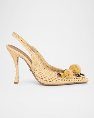 Dolce & Gabbana Raffia Crochet PomPom Slingback Pumps