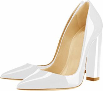 Generic Women Slip-On Chunky Pumps, Fashion Pointed Toe Dress Block Court Shoes, Comfort Closed Toe Leather Party Work High Heels Shoes,White,2.5 UK