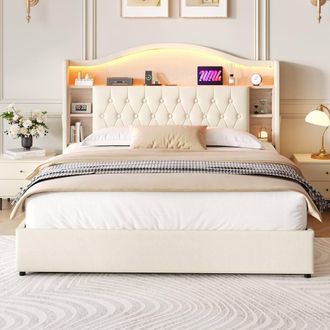 Merax 5ft King Upholstered Bed Frame with Storage, LED Tufted Headboard in Beige
