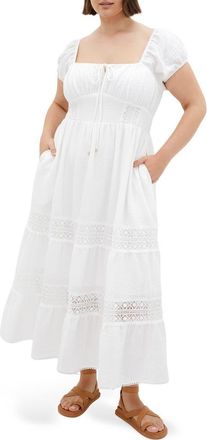 City Chic Haven Lace Inset Puff Sleeve Midi Dress in Ivory at Nordstrom, Size Xl