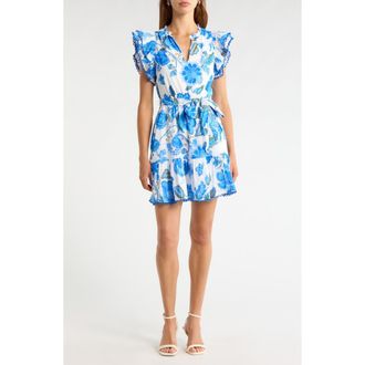 Sugarlips Eriny Verbena Floral Cotton Dress in White-Blue-Green at Nordstrom, Size X-Small