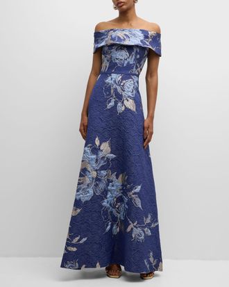 Teri Jon Off-Shoulder Metallic Flower Jacquard Gown