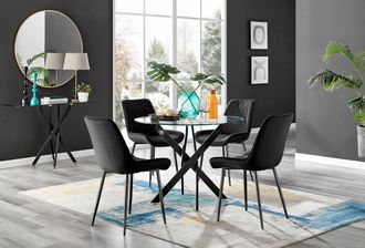 Furniturebox Novara 4 Seater Black Leg Round Glass Dining Table & 4 Pesaro Soft Velvet Black Leg Chairs