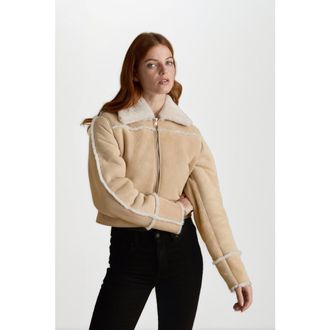FURNIQ Clara Suede Shearling Jacket in Beige at Nordstrom, Size Xx-Large