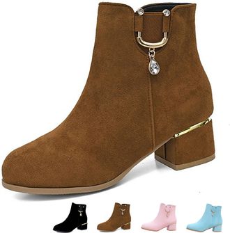Generic Ladies Fashion Solid Suede Side Zip Chunky Heel Short Boots Stylish Low Chunky Block Heel Chelsea Booties Mid Heeled Ankle Boots (3.5,Brown)
