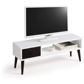 HOGAR 24 Mueble tv sal&oacute;n vintage caj&oacute;n y estante color blanco y negro