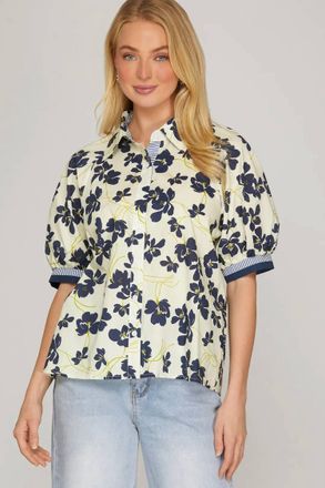 She + Sky Floral Button Down Blouse In Navy
