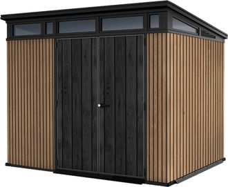 Keter Pent 9x7 - Caseta De Jard&iacute;n 279x226x218 Cm 2 Puertas Para Almacenamiento De Herramientas Acabado Efecto Madera Evotech+ En Resina Marr&oacute;n Y Negra