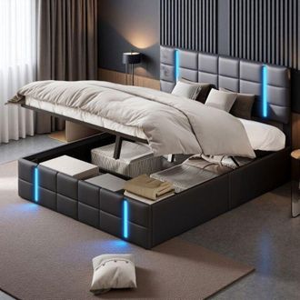 OEM Cama Doble 140x200 - Sistema Hidr&aacute;ulico Silencioso - Cofre Gigante 0,4m&sup3; - Led Integrada - Dise&ntilde;o Moderno Negro