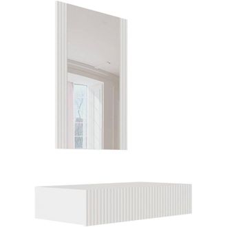Dmora Consola Premolo, Entrada Suspendida Con Espejo, Dise&ntilde;o Moderno Efecto Ca&ntilde;a, 80x42 H97 Cm, Blanco
