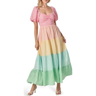 English Factory Colorblock Puff Sleeve Open Back Maxi Dress in Rainbow Multi at Nordstrom Rack, Size X-Small