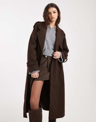 Only Cappotto elegante marrone cioccolato con cintura