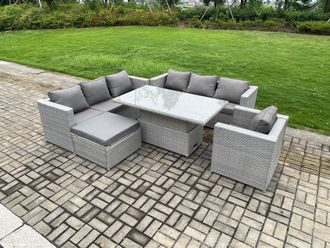 Fimous Outdoor PE Rattan Garden Funiture Set Height Adjustable Rising Lifting Table Sofa Dining Set with Armchair in Light Grey