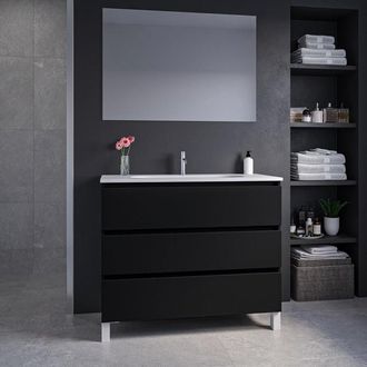 Saniclass Chaci PLUS Badkamermeubelset - 100x86x46cm - keramische wastafel wit - 1 ovale wasbak - 1 kraangat - 3 lades - rechthoekige spiegel - mat zwart