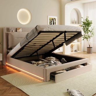 C&A Velvet King Size Upholstered Bed 150x200cm with Hydraulic Storage,LED Lights&Slatted Frame-Beige