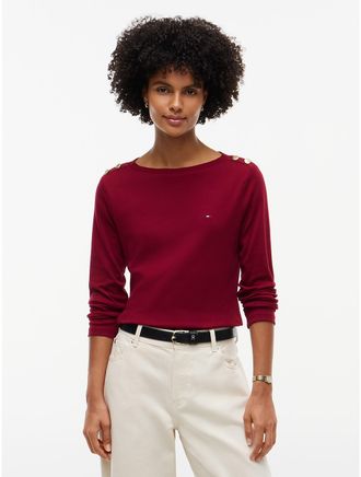 Tommy Hilfiger Womens Gold-Button Boatneck T-Shirt - Burgundy - XXL