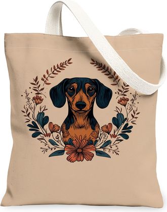 Generic Floral Dog Canvas Tote Bags, Designer Animal Flower Pattern Reusable Grocery Bags, Vintage Lightweight Washable Shoulder St, Beige, 13x15 Inch