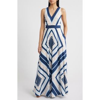 Eliza J Scarf Print Cr&ecirc;pe de Chine Maxi Dress in Navy at Nordstrom, Size 14