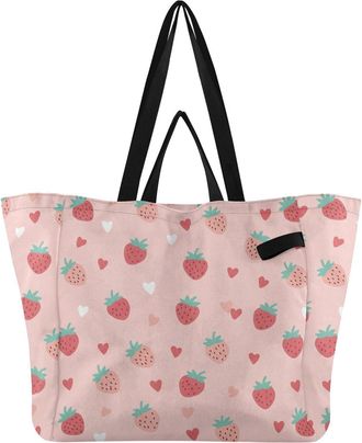 Generic Strawberries Hearts Pink print Reusable Canvas Tote Bag, Heavy Duty Grocery Shopping Bag with Double Handles Large Capacity Hard Bottom Work Groceries