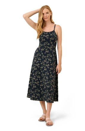 Pact Organic Cotton Fit & Flare Midi Dress in Painted Petals Midnight Blue at Nordstrom, Size Small