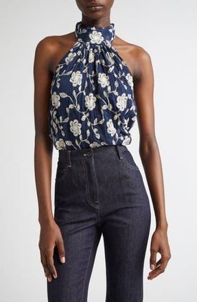 Ramy Brook Emerie Embroidered Halter Neck Top in Spring Navy Lily at Nordstrom Rack, Size Xx-Small