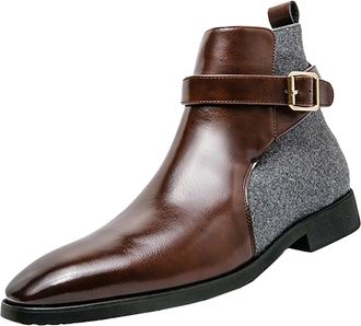 Generic MenS Leather Boots Fashion Lined Boot With Heel British Style Ankle Boots Breathable Fashion Round Head Chunky Heel Flat Bottom Lightweight Casual Sho