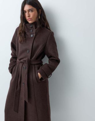 Abercrombie & Fitch cappotto in misto lana con collo a imbuto e cintura marrone