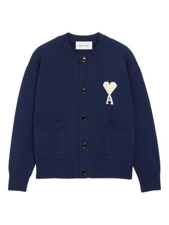 Ami Navy Blue Ribbed Hem Crewneck Sweater