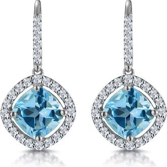 The Diamond Store 2.5ct Blue Topaz and Diamond Halo Asteria Earrings 18K White Gold