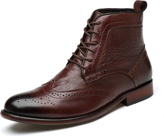 Generic Lace Up Round Toe Boots for Men Derby Burnished Toe Carved Brogue Win Tip Crocodile Print Cowhide Leather Slip Resistant Block Heel Casual Formal (Col