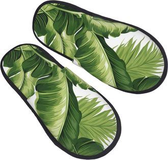 Generic Fuzzy Slippers Cute Green Palm Leaves Warm Slippers Portable House Shoes For Guest Room Indoor Bedroom L